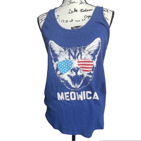 Tipsy Elves Womens Tank Top Blue Meowica Cat Graphic Lightweight 4th of Size M - Picture 2 of 7